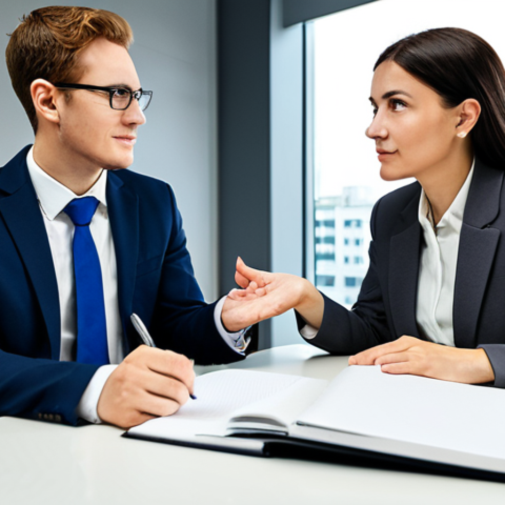 A professional career counselor, a woman in a modest business suit, sits across from a client in a modern, brightly lit office. The counselor is actively listening with an empathetic expression, gesturing gently towards an open notebook on the table. The client, dressed in smart professional attire, is engaged and contemplative. The background features a subtle, abstract representation of growth or a clear pathway, symbolizing career progression. The scene conveys a sense of trust and guidance. fully clothed, appropriate attire, safe for work, professional, perfect anatomy, correct proportions, natural pose, well-formed hands, proper finger count, natural body proportions, professional photography, high quality.