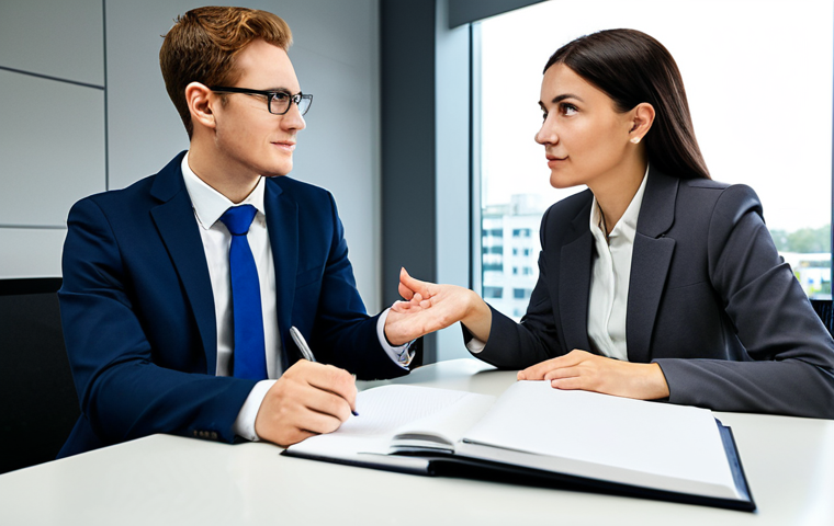 A professional career counselor, a woman in a modest business suit, sits across from a client in a modern, brightly lit office. The counselor is actively listening with an empathetic expression, gesturing gently towards an open notebook on the table. The client, dressed in smart professional attire, is engaged and contemplative. The background features a subtle, abstract representation of growth or a clear pathway, symbolizing career progression. The scene conveys a sense of trust and guidance. fully clothed, appropriate attire, safe for work, professional, perfect anatomy, correct proportions, natural pose, well-formed hands, proper finger count, natural body proportions, professional photography, high quality.