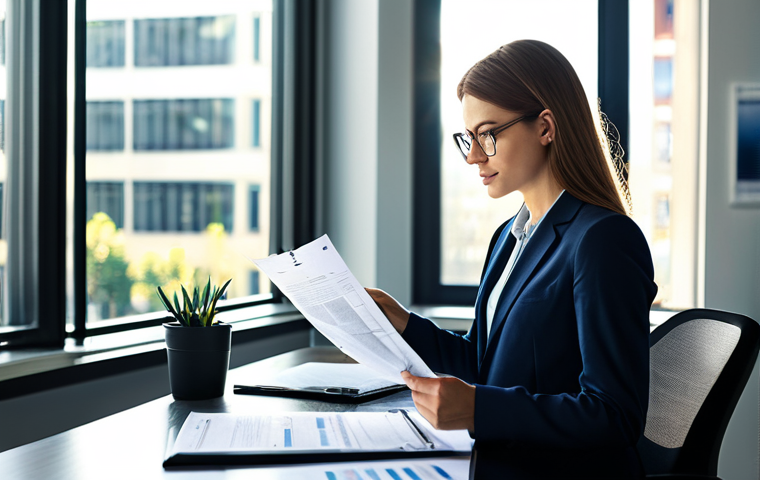**

"A young professional woman in a modern office, fully clothed in business-casual attire, confidently reviewing documents at her desk. Sunlight streams through the window, illuminating a motivational poster in the background. Emphasis on career growth and self-improvement. Safe for work, appropriate content, professional, perfect anatomy, natural proportions, high quality."

**