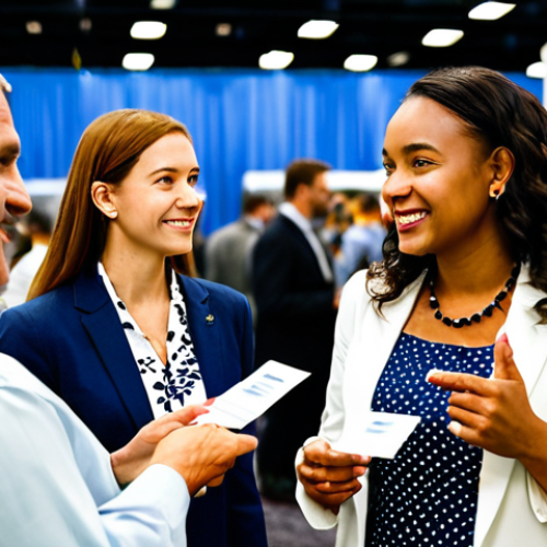 Home 28 Career Reinvention - Networking Event**
"A diverse group of professionals, fully clothed in business casual attire, networking at a career fair. They are engaged in conversation, exchanging business cards, and listening attentively. The background is a brightly lit convention center with career booths and company banners. Safe for work, appropriate content, family-friendly, professional setting, perfect anatomy, natural pose, well-formed hands, proper finger count, natural body proportions, modest dress, high quality photography, soft lighting."
**