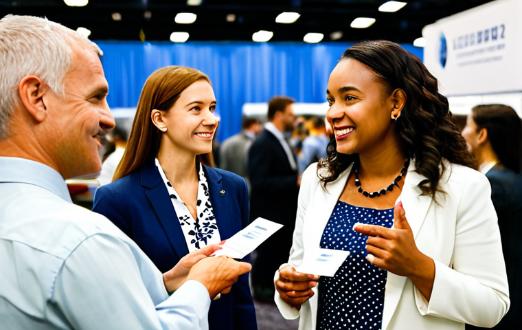 Career Reinvention - Networking Event**

"A diverse group of professionals, fully clothed in business casual attire, networking at a career fair.  They are engaged in conversation, exchanging business cards, and listening attentively.  The background is a brightly lit convention center with career booths and company banners.  Safe for work, appropriate content, family-friendly, professional setting, perfect anatomy, natural pose, well-formed hands, proper finger count, natural body proportions, modest dress, high quality photography, soft lighting."

**
