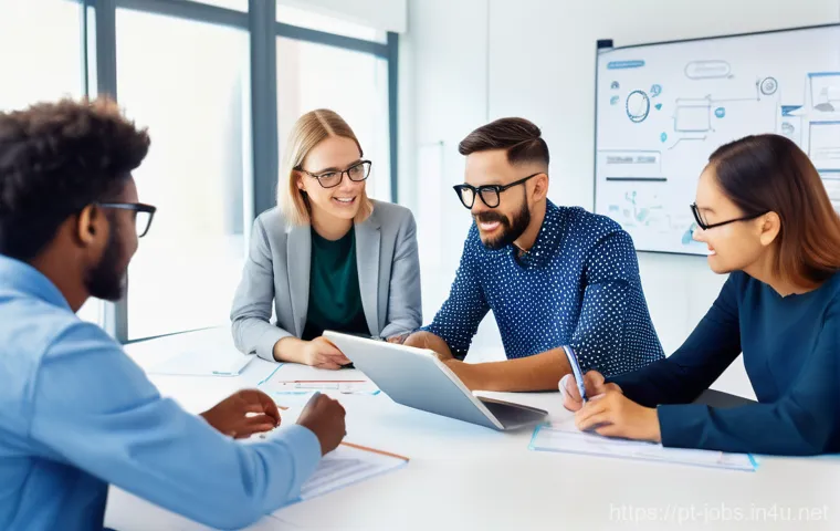 직업상담사와 인재 관리 시스템 - A diverse team of adult professionals (men and women, varying ethnicities) are collaboratively worki...