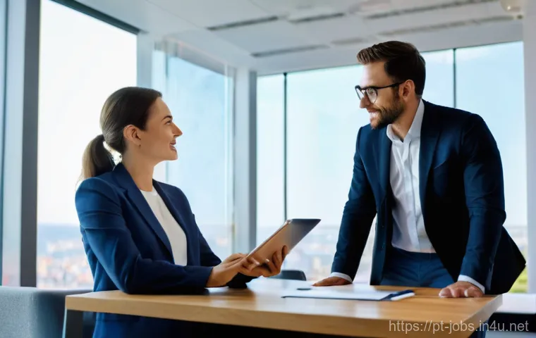 직업상담사 해외 취업 사례 - **Prompt 1: Empowering International Career Guidance**
    A bright, modern office interior with lar...