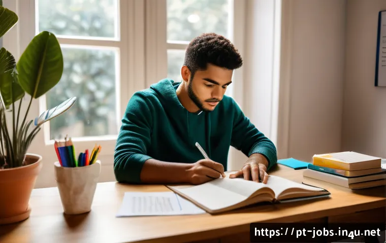 직업상담사 필기시험 준비 노하우 - A focused young adult studying at a tidy desk in a cozy home office, surrounded by books on career c...