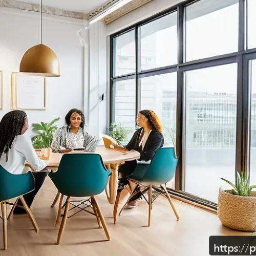 직업상담사와 여성 직업 지원센터 - A bright and modern co-working space filled with diverse professional women collaborating and sharin...