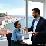 직업상담사 연봉 인상 협상법 - A professional Portuguese office setting with a confident mid-30s career consultant presenting quant...