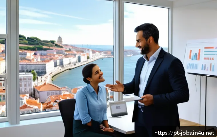 직업상담사 연봉 인상 협상법 - A professional Portuguese office setting with a confident mid-30s career consultant presenting quant...
